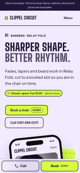 Phone-sized screenshot of Clippel Circuit, an example barber site: a lilac page with a large condensed headline "Sharper shape. Better rhythm.", a short intro, lime "Book a chair" and outlined call buttons, and the top of a phone mock-up with a partly visible dark photo, with a sticky Call and Book bar along the bottom.