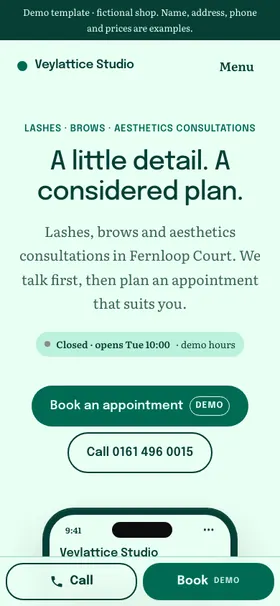 Phone-sized screenshot of Veylattice Studio, an example lash, brow and aesthetics site: a mint green page with the centred headline "A little detail. A considered plan.", a serif intro, a dark green "Book an appointment" button and an outlined call button, with a sticky Call and Book bar along the bottom.