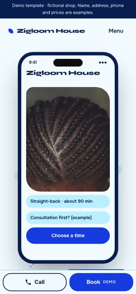 Phone-sized screenshot of Zigloom House, an example braids and Afro hair site: a pale blue page with a phone mock-up showing a close-up photo of straight-back cornrows, a "Straight-back · about 90 min" label and a blue "Choose a time" button, with a sticky Call and Book bar along the bottom.