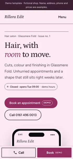 Phone-sized screenshot of Rillora Edit, an example hair salon site: a soft pink page with an italic serif logo, the serif headline "Hair, with room to move.", a short intro, a plum "Book an appointment" button and an outlined call button, with a sticky Call and Book bar along the bottom.